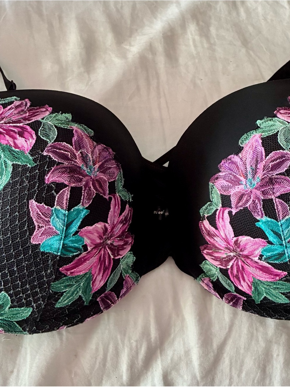 torrid Black Bra with Pink & Teal Floral Embroidery